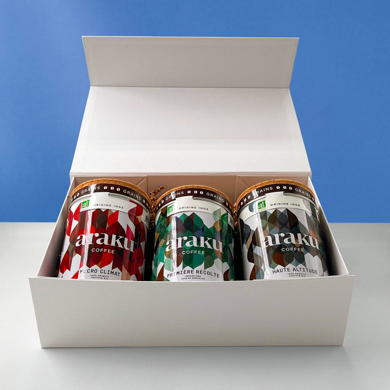 coffret cadeau de 3 boites de café de spécialité en grains