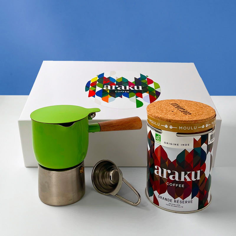 Coffret cadeau Krosica : café bio Grande Réserve cafetière moka vert
