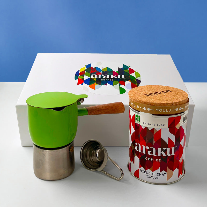 Coffret cadeau Krosica : café bio Micro Climat cafetière moka vert