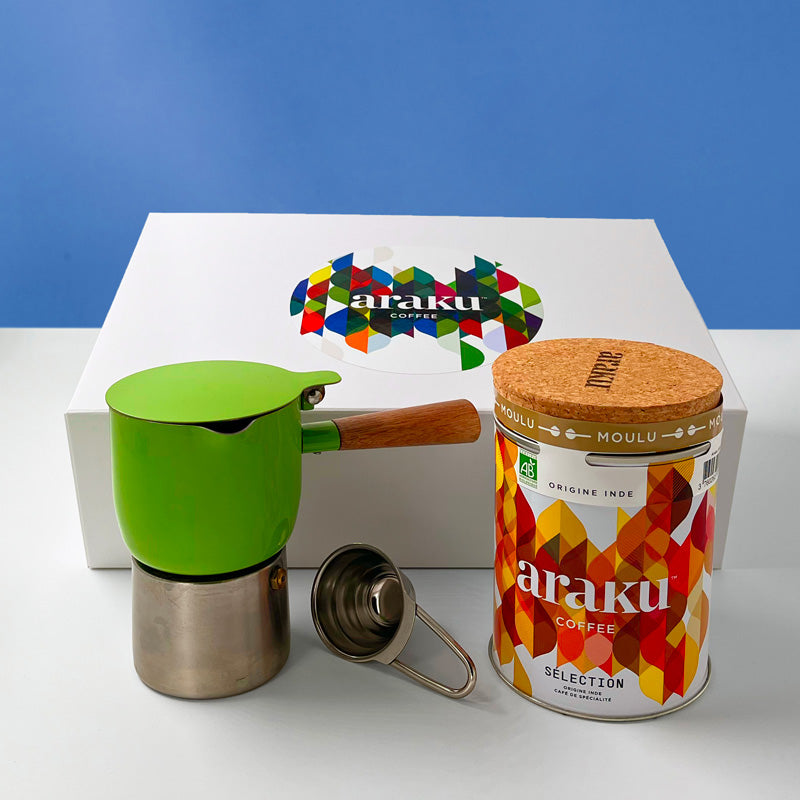 Coffret cadeau Krosica : café bio Sélection cafetière moka vert