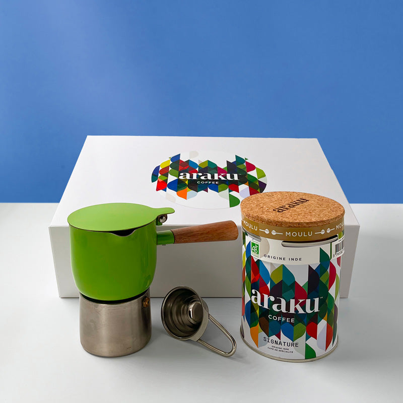 Coffret cadeau Krosica : café bio Signature cafetière moka vert