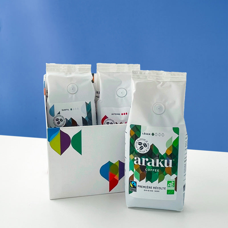 Coffret cadeaux de 3 sachets de café de spécialité bio en grains