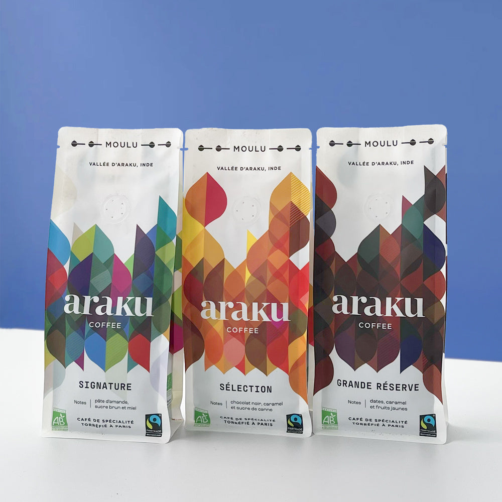 coffret cadeau de 3 sachets de café de spécialité moulu.