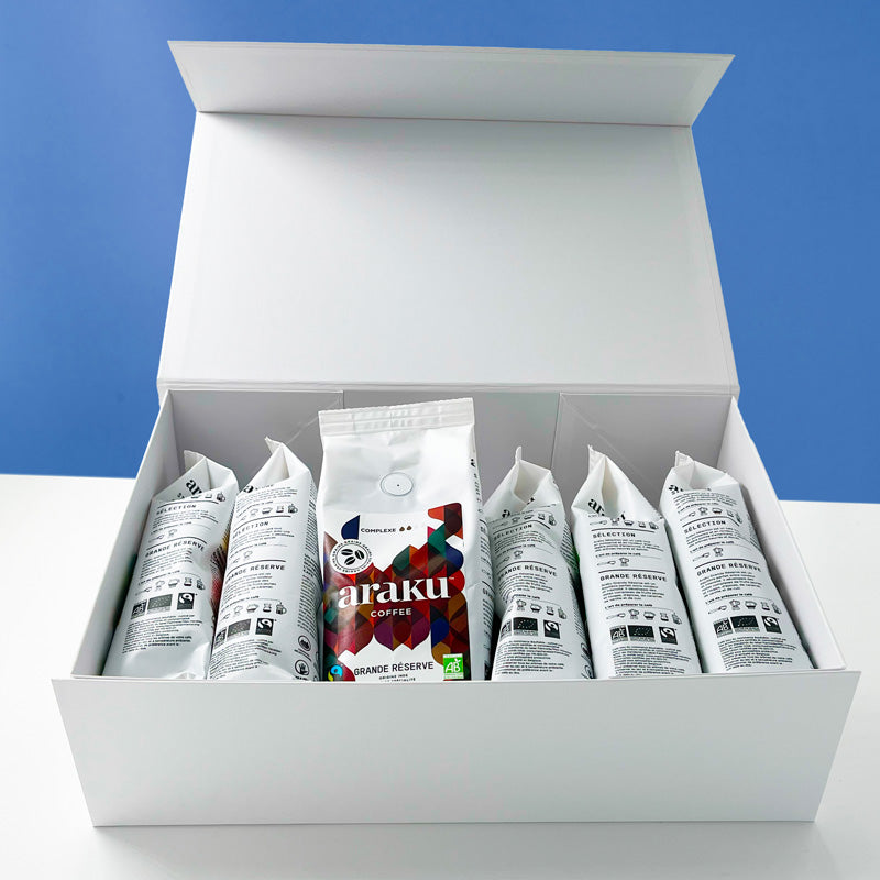 Coffret terre rouge regroupant nos 6 terroir de café de spécialité bio en grains