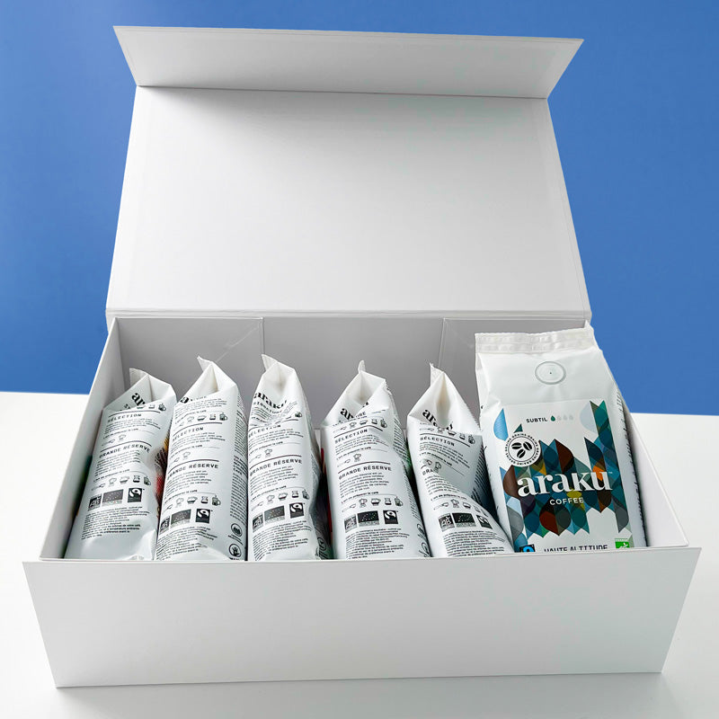 Coffret terre rouge regroupant nos 6 terroir de café de spécialité bio en grains