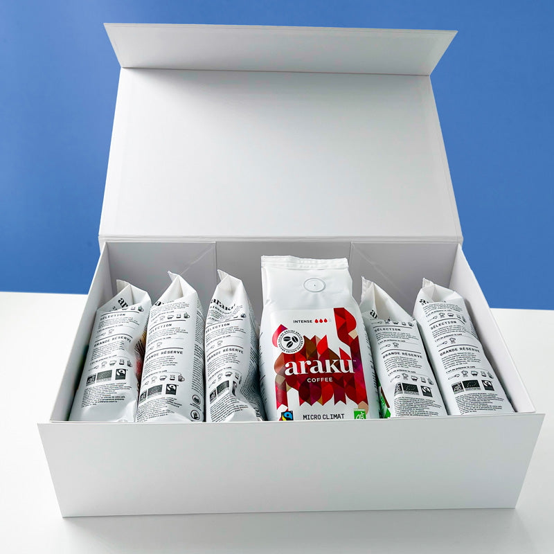 Coffret terre rouge regroupant nos 6 terroir de café de spécialité bio en grains