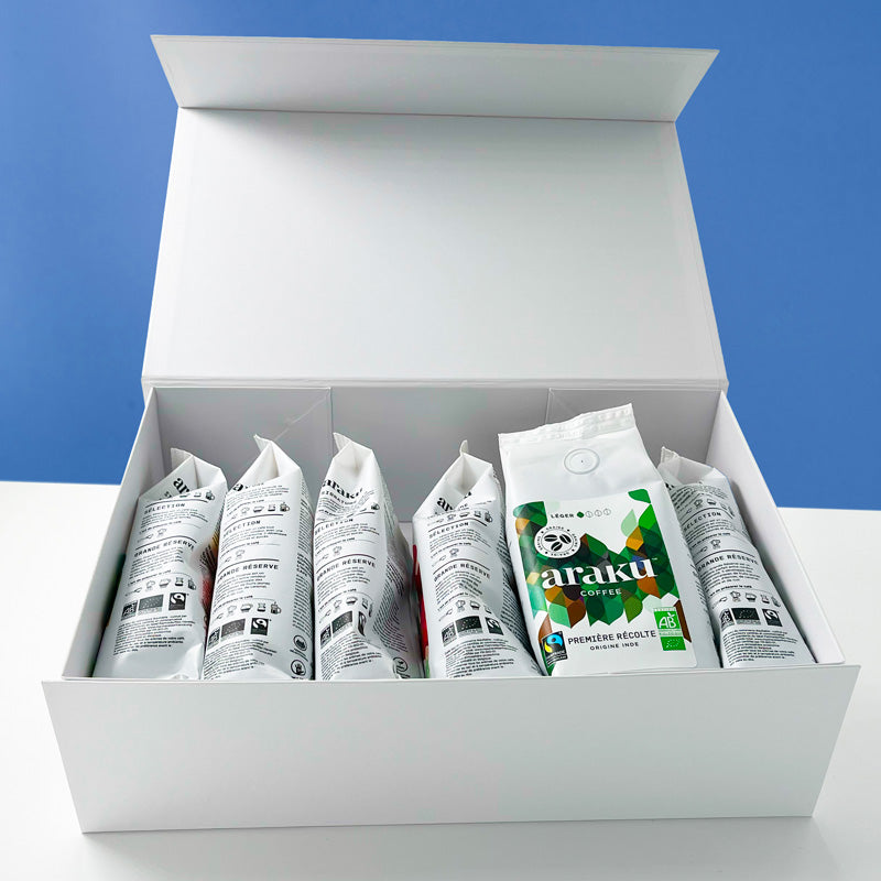 Coffret terre rouge regroupant nos 6 terroir de café de spécialité bio en grains