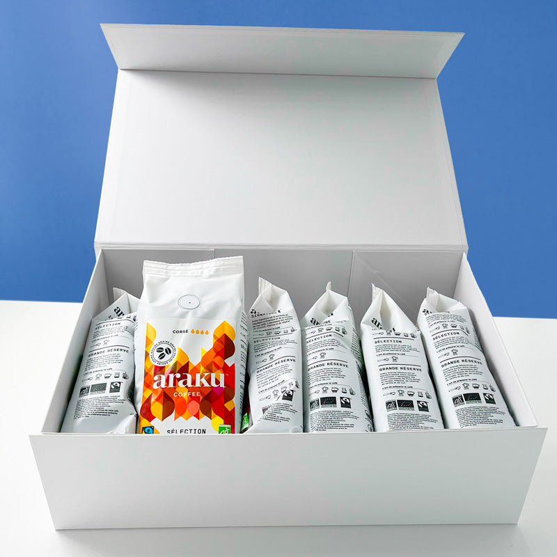 Coffret terre rouge regroupant nos 6 terroir de café de spécialité bio en grains