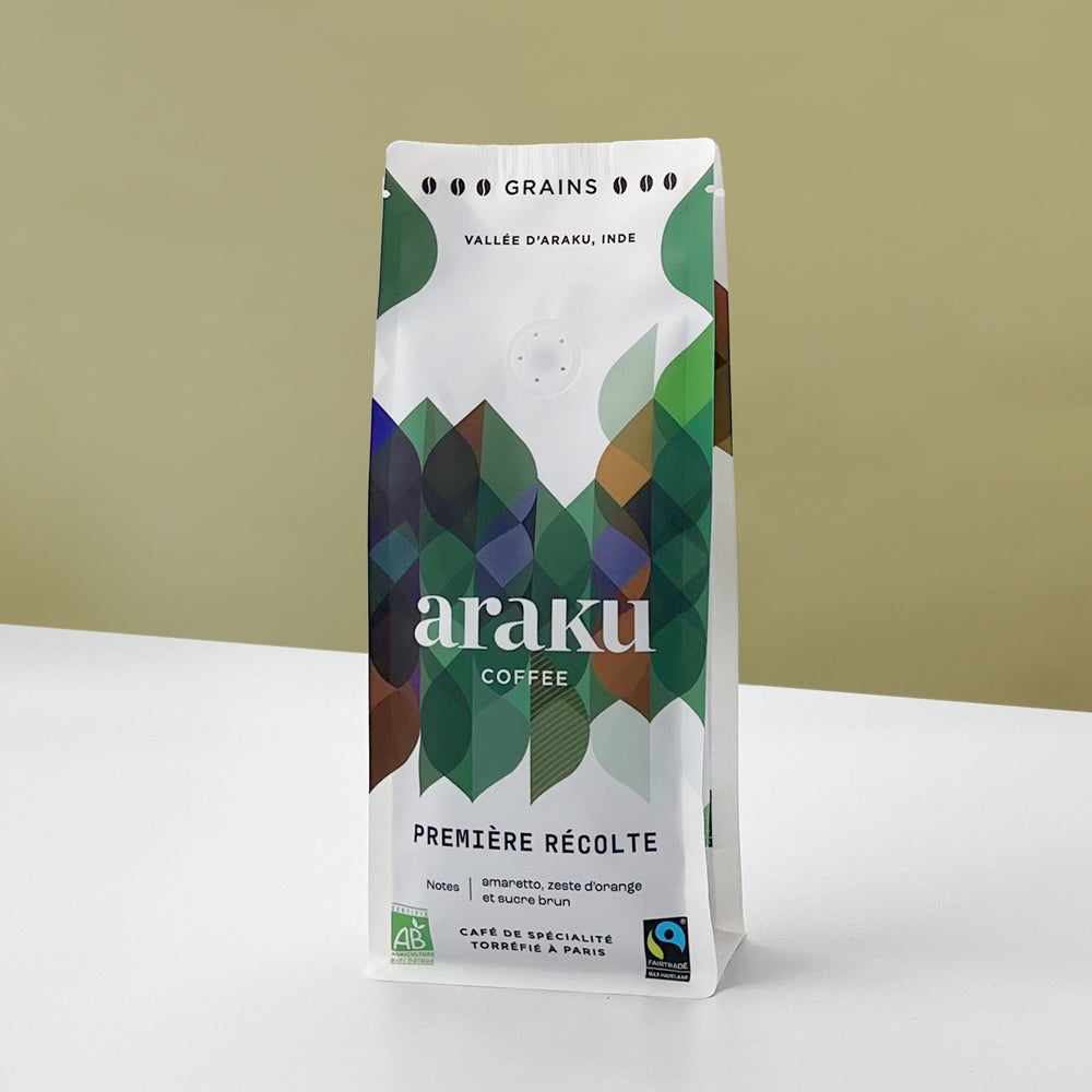 Café en grains bio : Première Récolte sachet de café Indien 200G