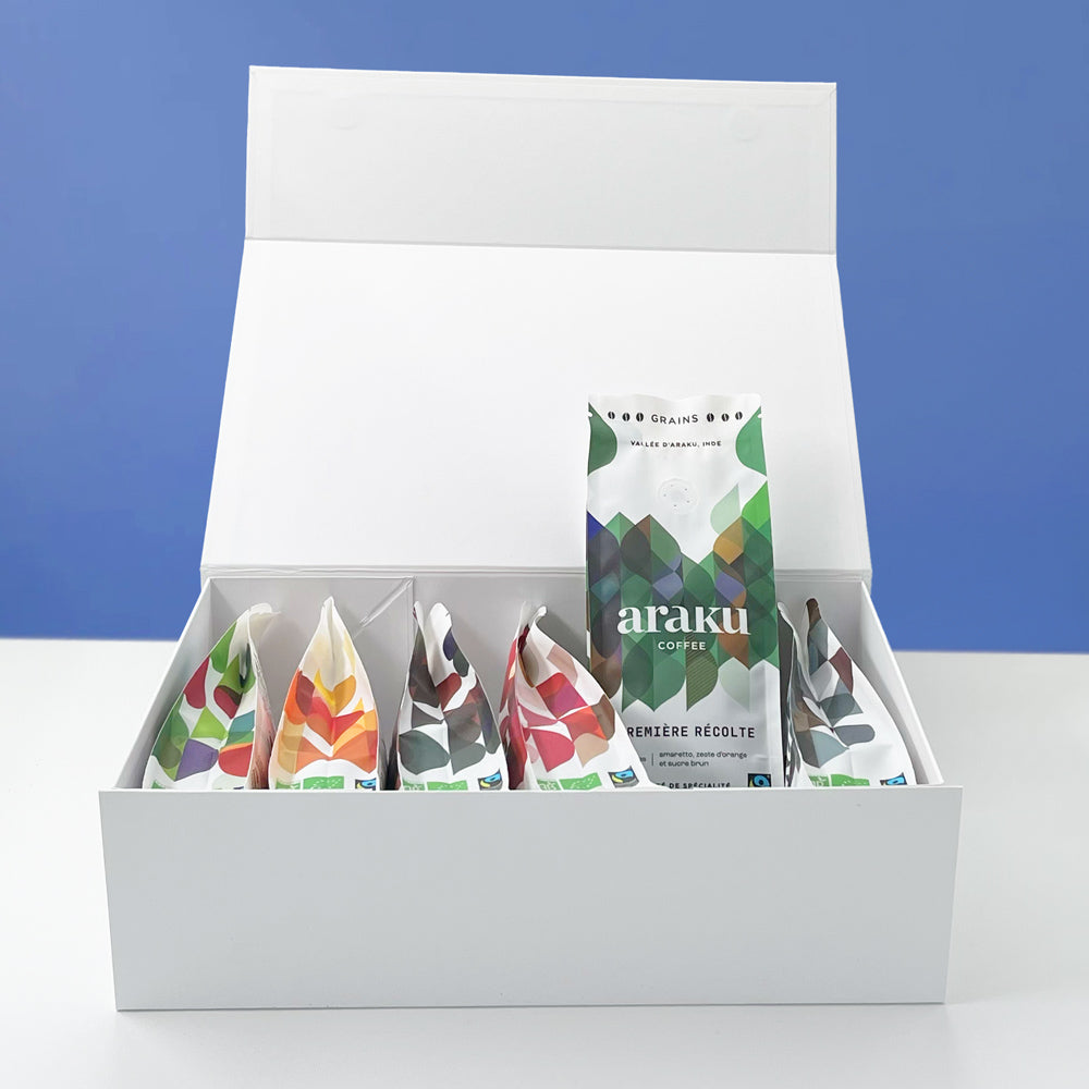 Coffret terre rouge regroupant nos 6 terroir de café de spécialité bio en grains