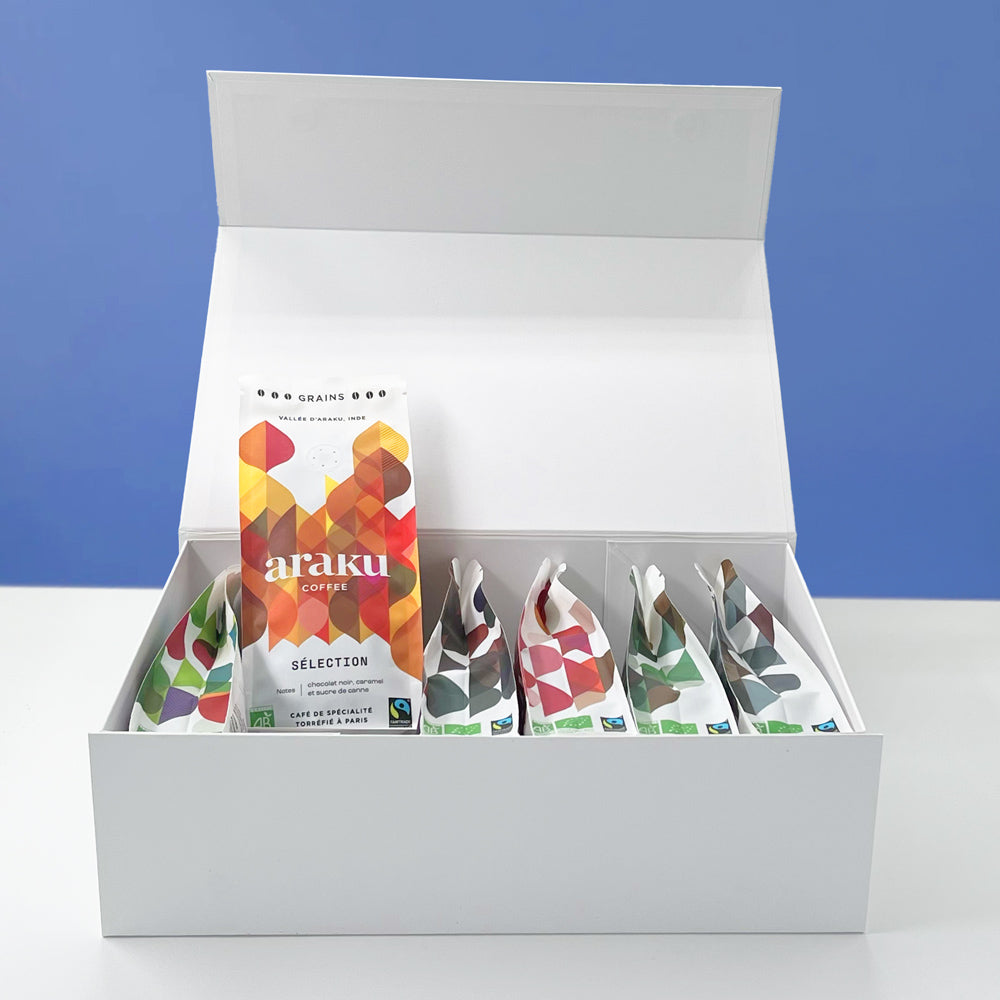 Coffret terre rouge regroupant nos 6 terroir de café de spécialité bio en grains