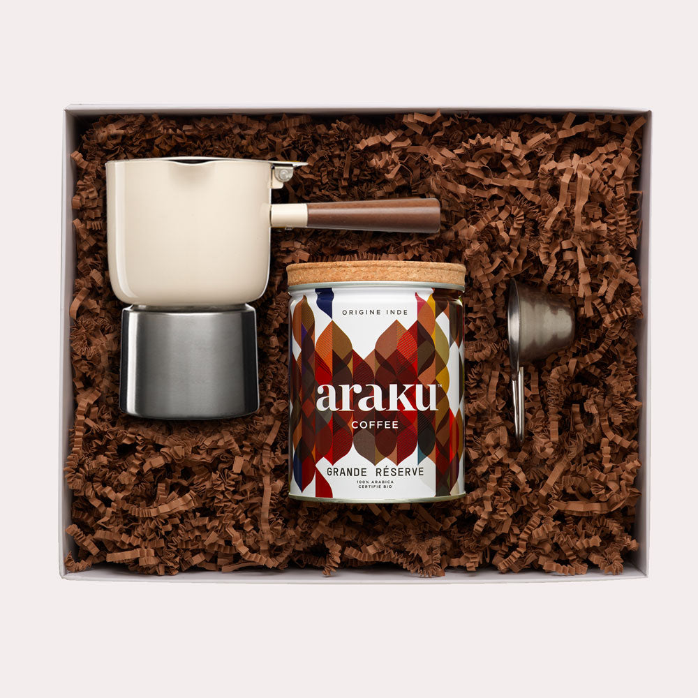 Coffret cadeau Krosica : café bio Grande Réserve cafetière moka blanc