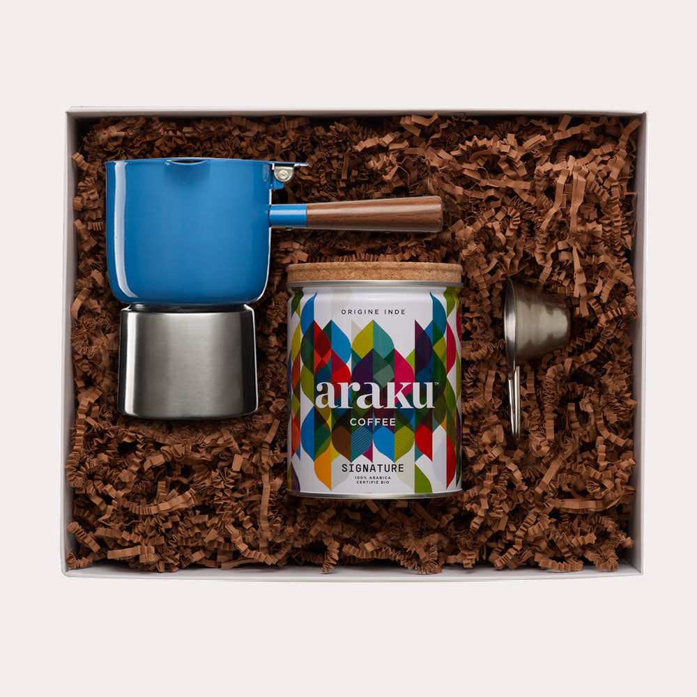 Coffret cadeau Krosica : café bio Signature cafetière moka bleu