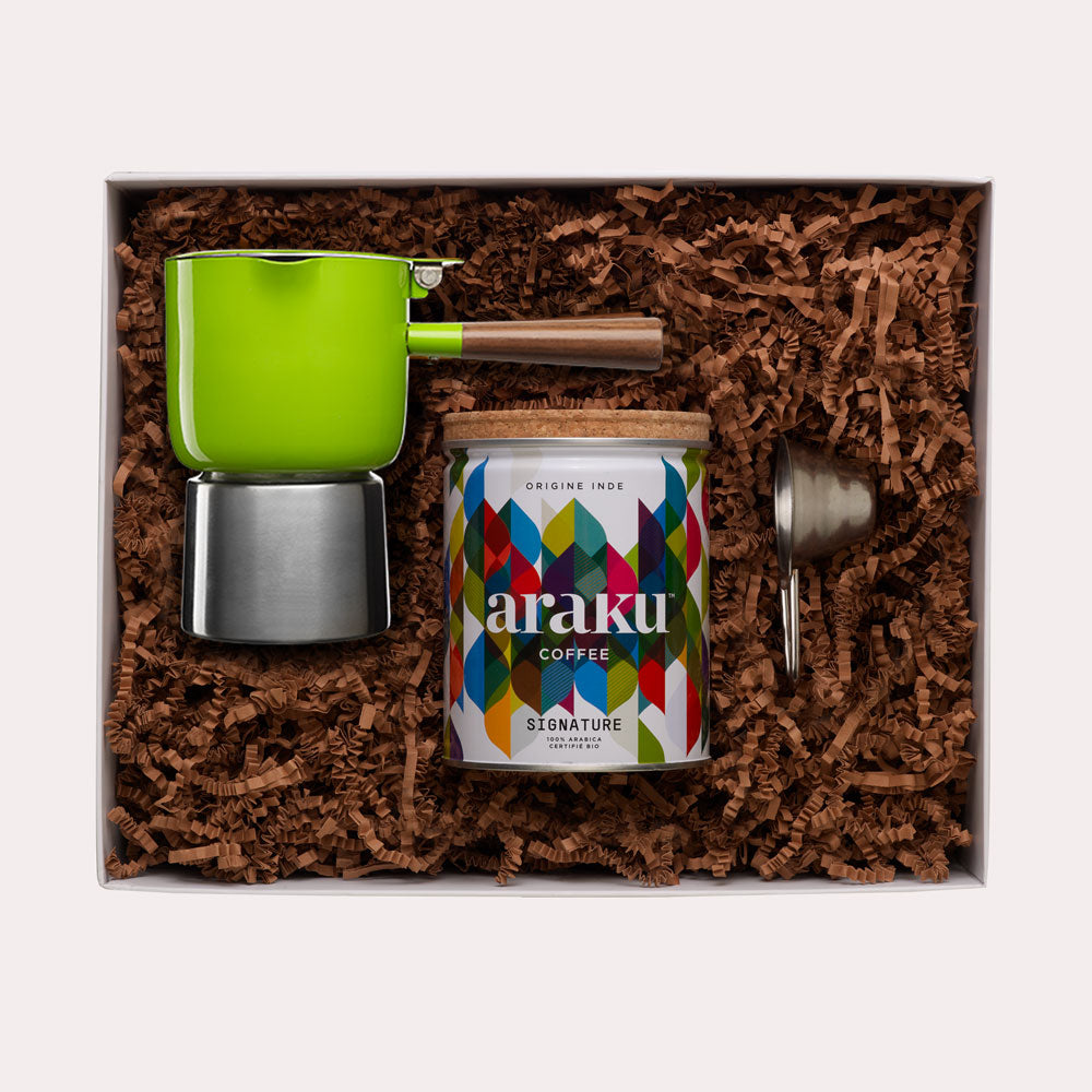 Coffret cadeau Krosica : café bio Signature cafetière moka vert