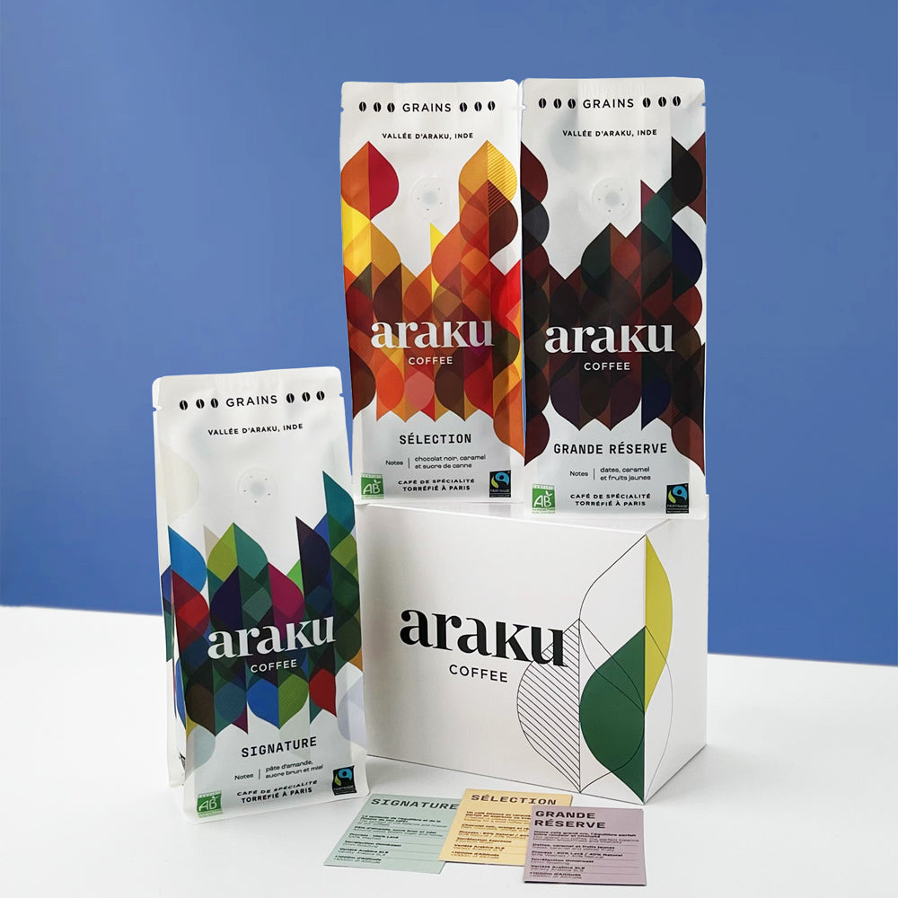 coffret cadeau de 3 sachets de café de spécialité pour espresso en grains ou moulu