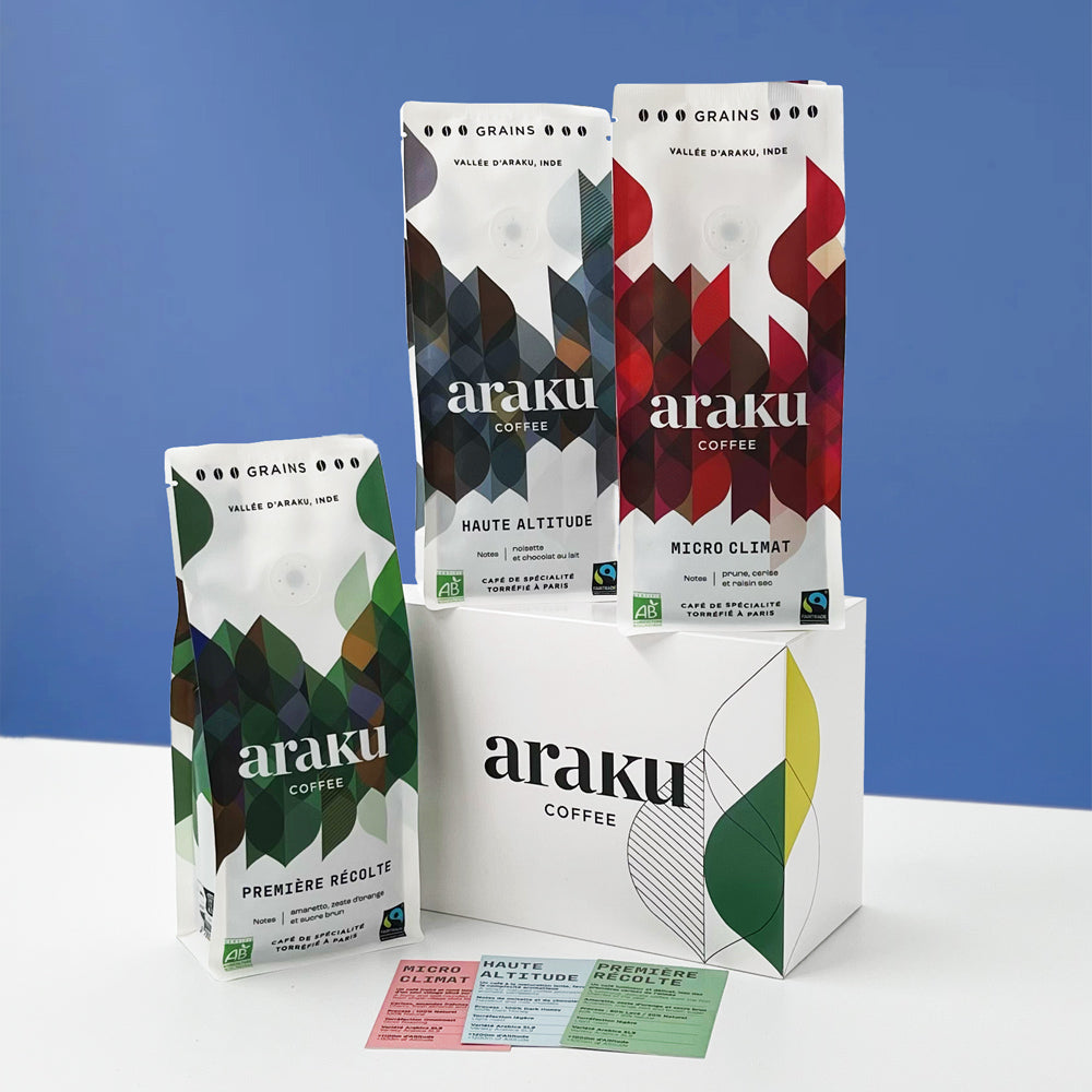 Coffret cadeaux de 3 sachets de café de spécialité bio spécialement torréfié pour café filtre.