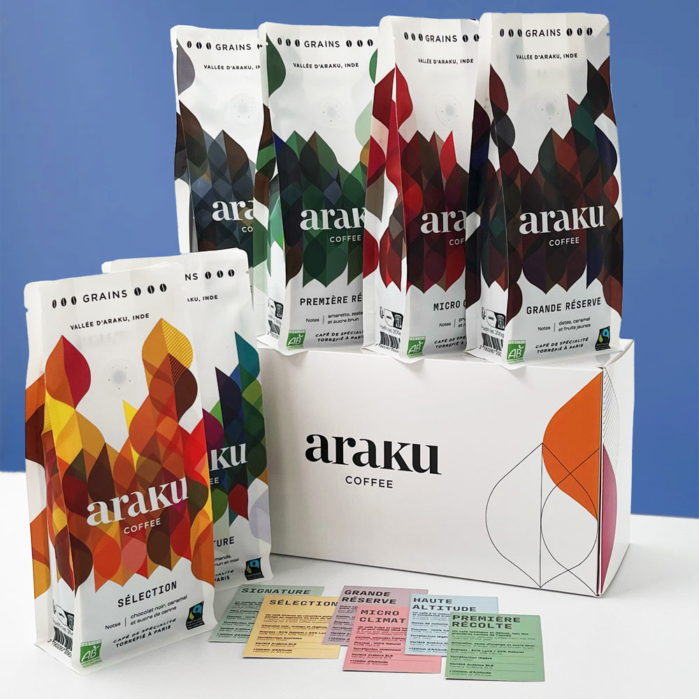 Coffret terre rouge regroupant nos 6 terroir de café de spécialité bio en grains