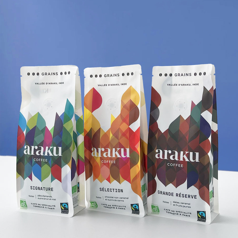 coffret cadeau de 3 sachets de café de spécialité pour espresso en grains.