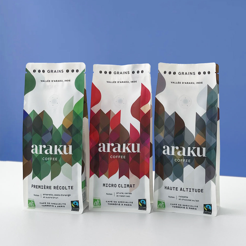Coffret cadeaux de 3 sachets de café de spécialité bio en grains - spécialement torréfié pour café filtre.