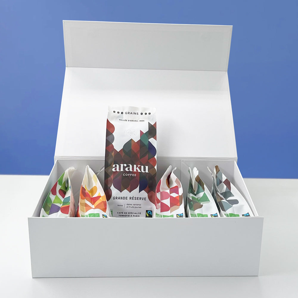 Coffret terre rouge regroupant nos 6 terroir de café de spécialité bio en grains