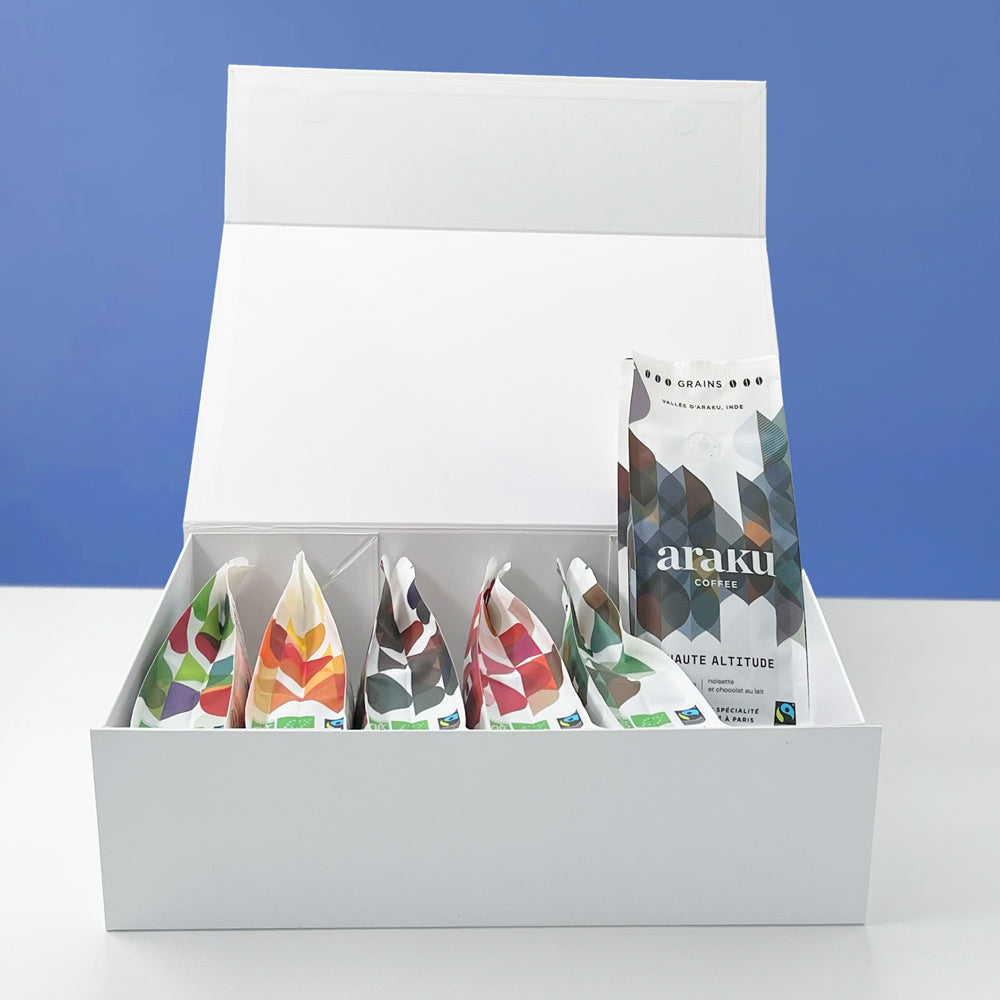 Coffret terre rouge regroupant nos 6 terroir de café de spécialité bio en grains