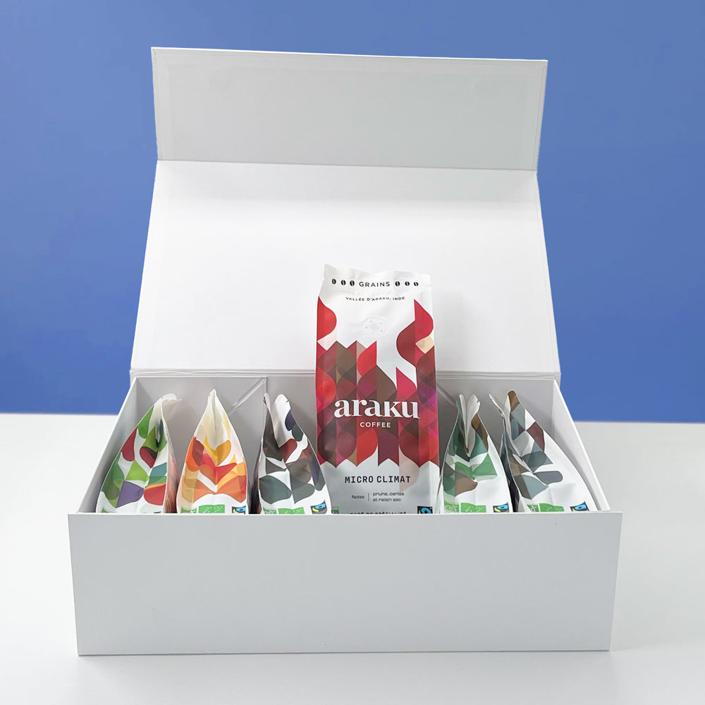 Coffret terre rouge regroupant nos 6 terroir de café de spécialité bio en grains