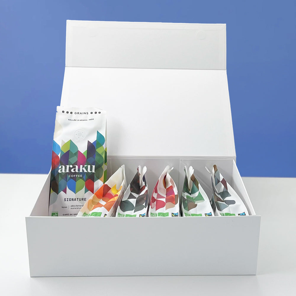 Coffret terre rouge regroupant nos 6 terroir de café de spécialité bio en grains