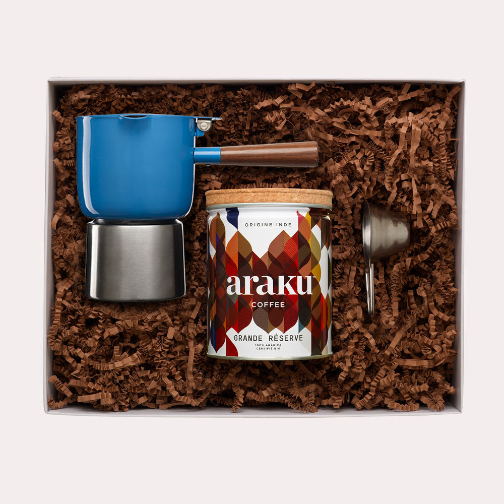 Coffret cadeau Krosica : café bio Grande Réserve cafetière moka bleu