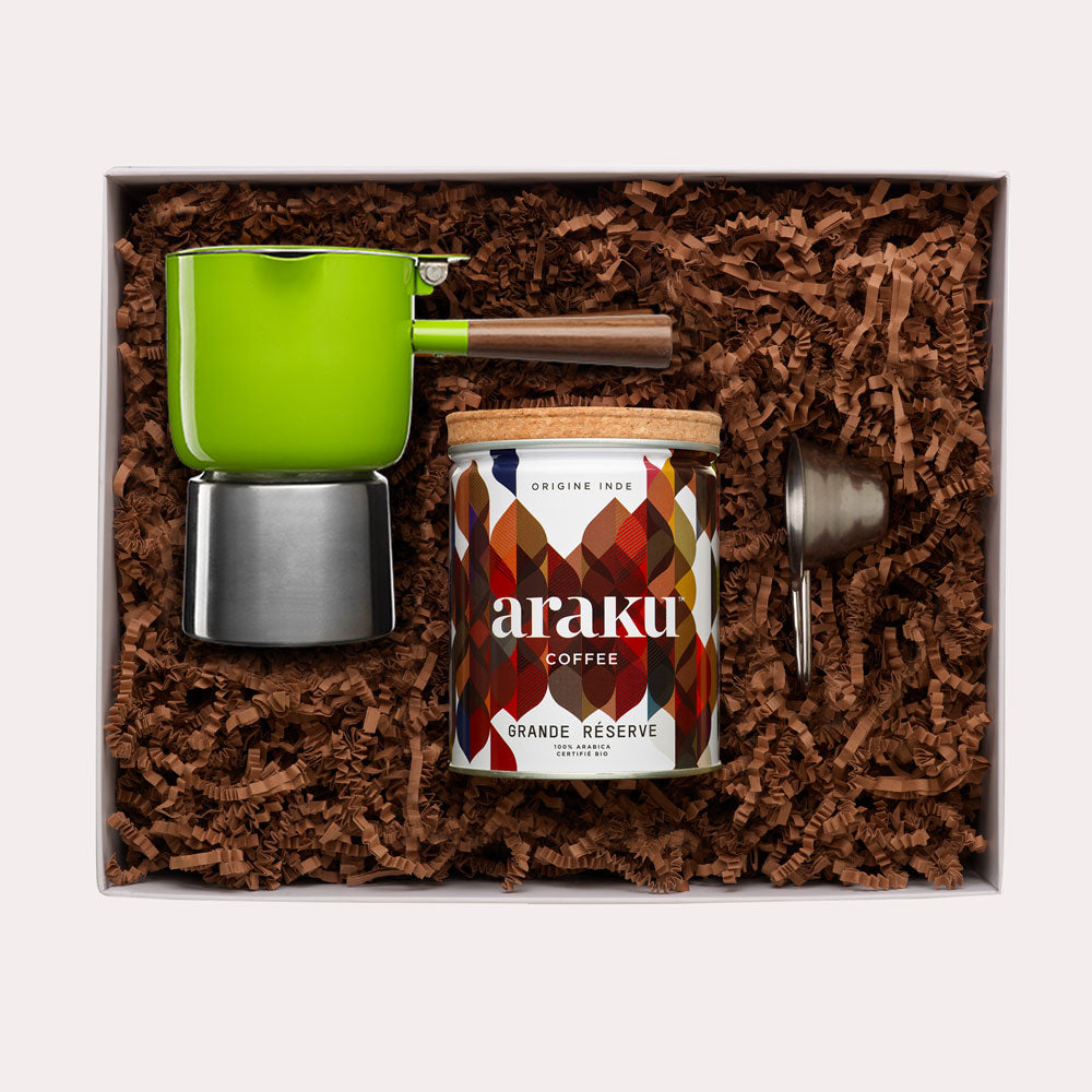 Coffret cadeau Krosica : café bio Grande Réserve cafetière moka vert