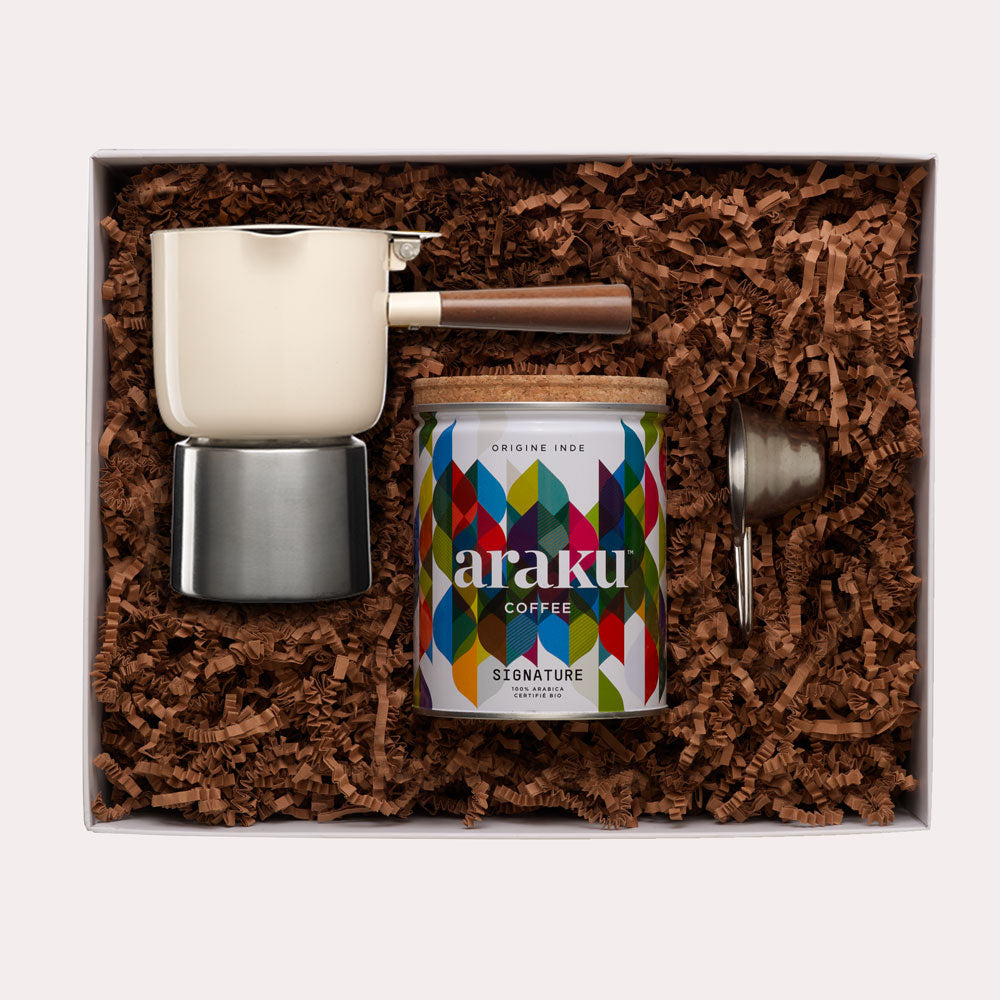 Coffret cadeau Krosica : café bio Signature cafetière moka blanc